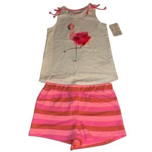 *New* Tommy Bahama White Pink Flamingo Top & Striped Shorts Set Girls M/S